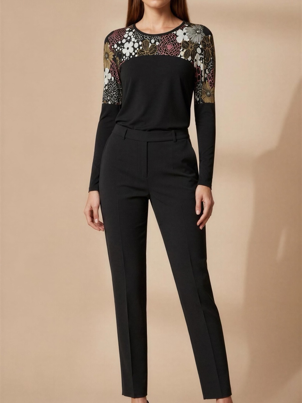 Black Long-Sleeve Top with Floral Yoke